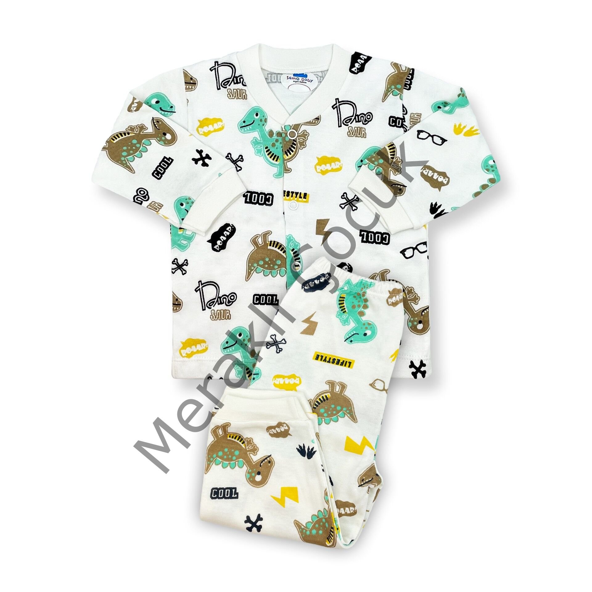 Sema Baby Sevimli Dino Bebek Pijama Takımı 6-9 Ay ( Yeşil - Kahve )