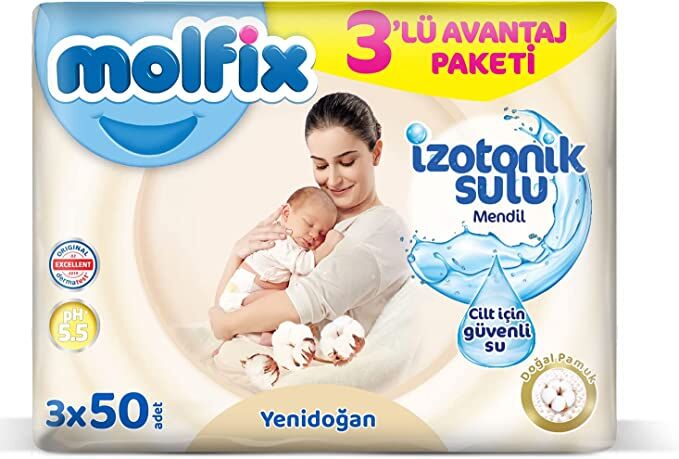 Nessiworld Molfix Yenidoğan İzotonik Sulu Doğal Pamuk Islak Havlu Mendil 3'Lü 150 Yaprak