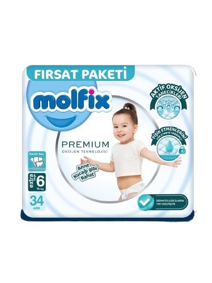 Nessiworld Molfix Premium Bebek Bezi Fırsat Paketi 6 Beden 15+ Kg 34 Adet