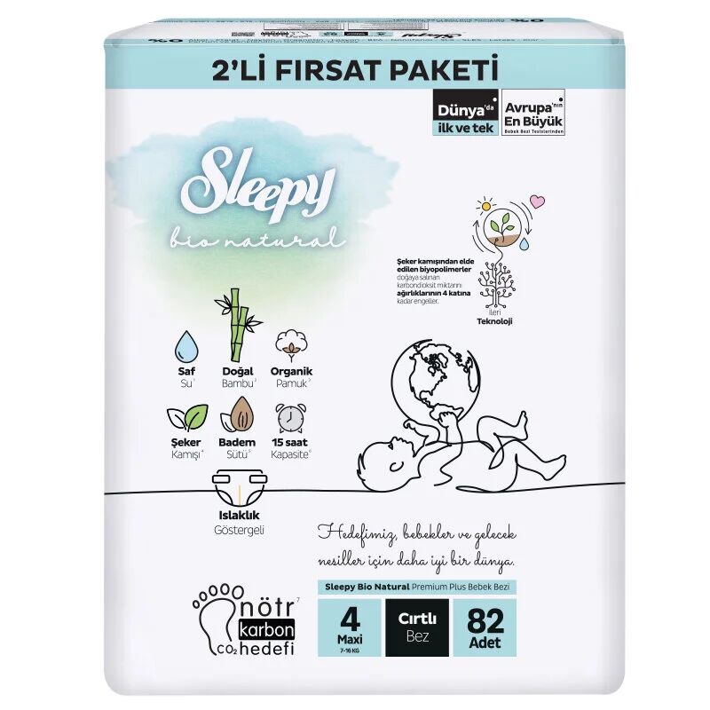 Nessiworld Sleepy Bio Natural Bebek Bezi 2'Li Fırsat Paketi 4 Beden 82 Adet